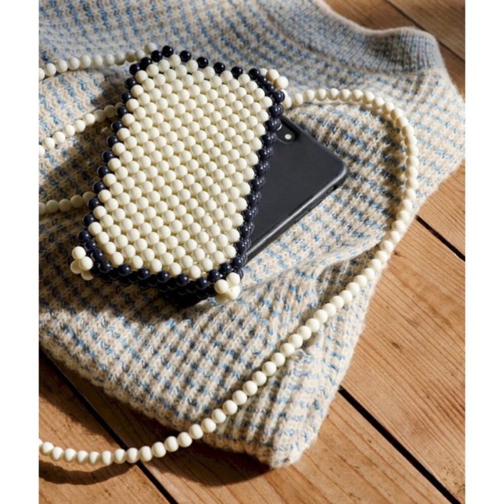 NWT HAY Perla Phone Holder by Ana Kraš in "Milk" Cream and Midnight Blue Beads